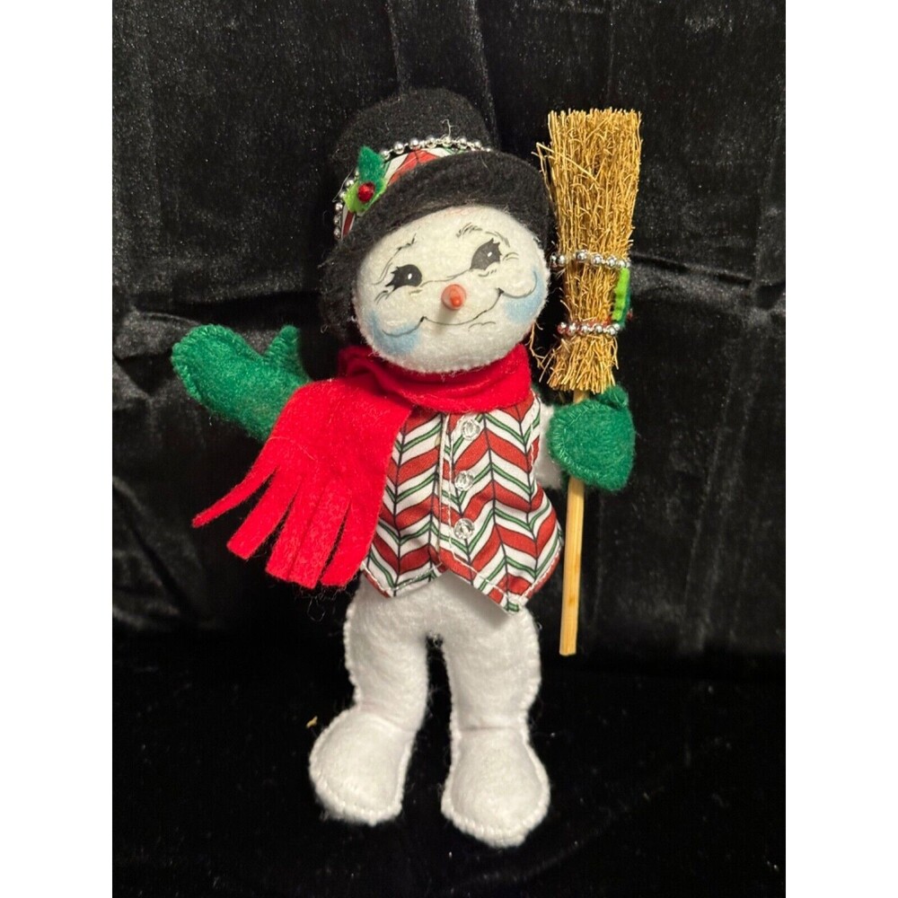 Annalee 2008, 7” Snowman in striped vest, red scarf, holding Broom, Ornament